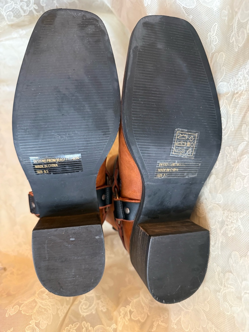 SOLD BEAST FASHION Tan/Brown Faux Cognac Leather with Moto Straps Western NWOT - Picture 7 of 11